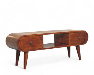 Side angle view of Chestnut Circular Solid Wood TV Stand with solid wood chestnut circular
