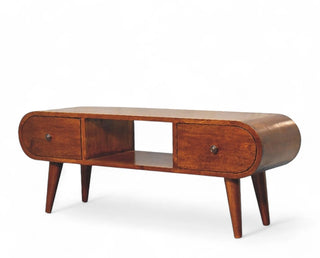 Side view of Chestnut Circular Solid Wood TV Stand with solid wood chestnut circular