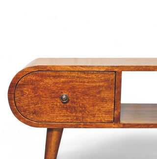 Close-up of finish detail on Chestnut Circular Solid Wood TV Stand with solid wood chestnut circular