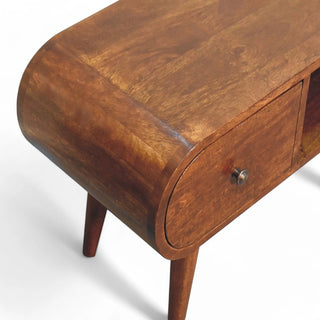 Finish detail view of Chestnut Circular Solid Wood TV Stand with solid wood chestnut circular