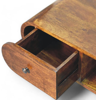 Storage view of Chestnut Circular Solid Wood TV Stand with solid wood chestnut circular