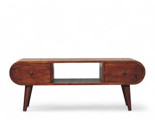 Front view of Chestnut Circular Solid Wood TV Stand with solid wood chestnut circular