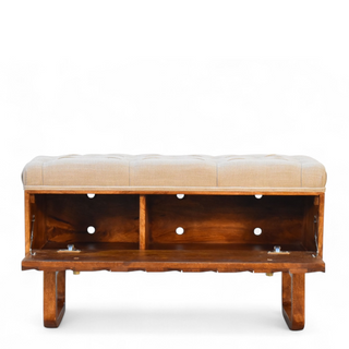Side angle view of Chestnut Diamond Carved Mud Linen Storage Bench with chestnut carved diamond