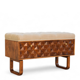 Side view of Chestnut Diamond Carved Mud Linen Storage Bench with chestnut carved diamond