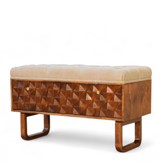 Close-up of carved detail on Chestnut Diamond Carved Mud Linen Storage Bench