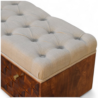 Finish detail view of Chestnut Diamond Carved Mud Linen Storage Bench with chestnut carved diamond
