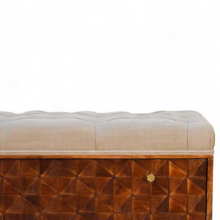 Storage view of Chestnut Diamond Carved Mud Linen Storage Bench with chestnut carved diamond