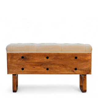 Rear angle view of Chestnut Diamond Carved Mud Linen Storage Bench with chestnut carved diamond