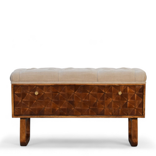 Front view of Chestnut Diamond Carved Mud Linen Storage Bench with chestnut carved diamond