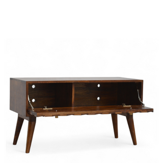 Side angle view of Chestnut Diamond Carved Solid Wood Storage Bench with solid wood chestnut carved