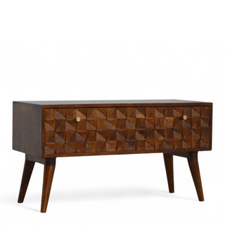 Side view of Chestnut Diamond Carved Solid Wood Storage Bench with solid wood chestnut carved