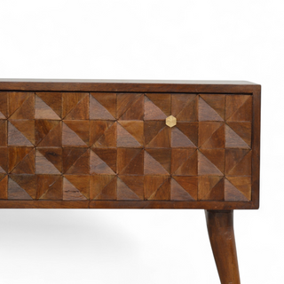 Close-up of carved detail on Chestnut Diamond Carved Solid Wood Storage Bench