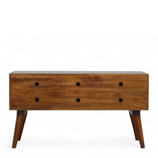 Rear angle view of Chestnut Diamond Carved Solid Wood Storage Bench with solid wood chestnut carved