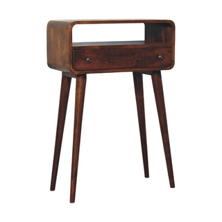 Side angle view of Chestnut Nordic Style One Drawer and One Open Slot Console Table