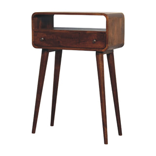 Side view of Chestnut Nordic Style One Drawer and One Open Slot Console Table