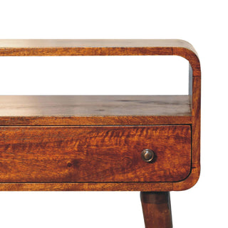 Close-up of drawer front on Chestnut Nordic Style One Drawer and One Open Slot Console Table