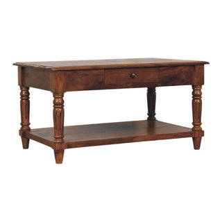 Cheswick Coffee Table with Drawers Solid Mango Wood Turned Legs Lower Shelf Chestnut – three-quarter angled view