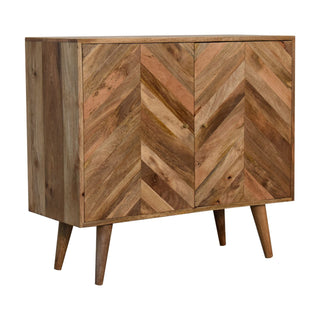 Side angle view of Chevron Sideboard Cabinet Parquet Chevron Inlay Twin-Door Natural Reclaimed Mango