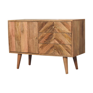 Side angle view of Chevron Small Sideboard with Herringbone Parquet Door and Nordic Tapered Legs