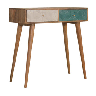Side angle view of Ciel Console Table with Drawers Teal White Two-Tone Carved Mango Wood