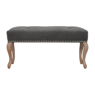 Front view of Cinder Bedroom Bench Charcoal Grey Velvet Button Tufted Antique Brass Studs French Cabriole