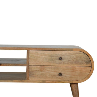 Side angle view of Cirro Media Unit Raw Oak Mango Wood Deep-Rounded Pill Ends Twin Drawers with Nordic Tapered Legs