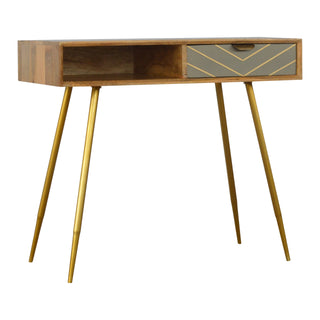 Side angle view of Cleo Writing Desk Mango Wood Cement Drawer Gold Chevron Inlay with Metal Legs