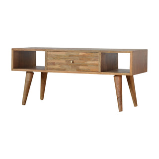 Side angle view of Clio Coffee Table with Storage Mixed Wood Mosaic Drawer Open Cubby Slots