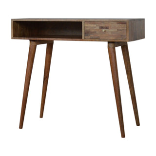 Side angle view of Clio Writing Desk Mango Wood Mixed Patchwork Drawer with Candle Knob