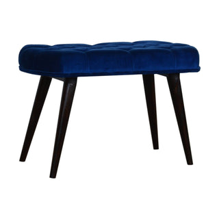Angled view of Cobalt Upholstered Bench Royal Blue Velvet Deep Button Tufted Rectangular Nordic Legs