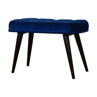 Front view of Cobalt Upholstered Bench Royal Blue Velvet Deep Button Tufted Rectangular Nordic Legs