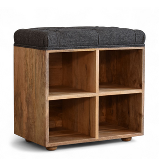 Compact Black Upholstered Shoe Storage Bench – front view on white background