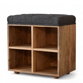 Compact Black Upholstered Shoe Storage Bench – rear view showing shoe storage compartment