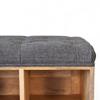 Compact Black Upholstered Shoe Storage Bench – open storage compartment showing shoe rack
