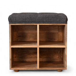 Compact Black Upholstered Shoe Storage Bench – front view on white background
