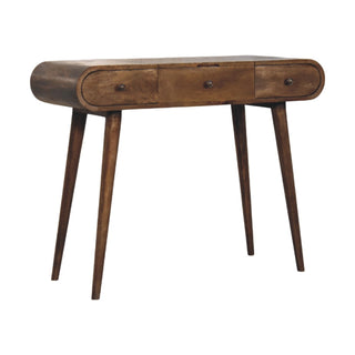 Side angle view of Contour Curve Dressing Table, showing the tabletop, frame and furniture finish