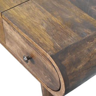 Finish detail view of Contour Curve Dressing Table, showing the tabletop, frame and furniture finish