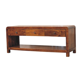 Side angle view of Cora Media Unit Chestnut Finish Twin Drawers Plinth Base