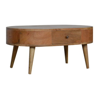 Side angle view of Cora Oval Coffee Table Solid Mango Wood Barrel Body Brass Knob Drawer