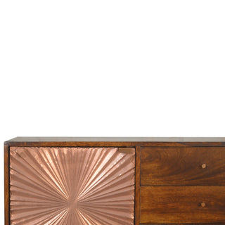 Side angle view of Coreva Small Sideboard with Copper Sunburst Cabinet Door and Tapered Legs