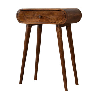 Side angle view of Corin Small Console Table with Drawer Chestnut Pill-Top Nordic Legs