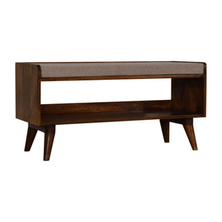 Angled view of Corra Hallway Bench Upholstered Tweed Seat Pad Solid Mango Wood