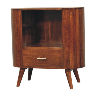 Side angle view of Corso Display Cabinet Oval Open-Slot with Drawer Chestnut T-Bar Handle