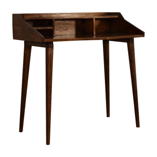 Side angle view of Cortez Writing Desk Mango Wood 4-Compartment Hutch Dark Chestnut with Scandi Legs