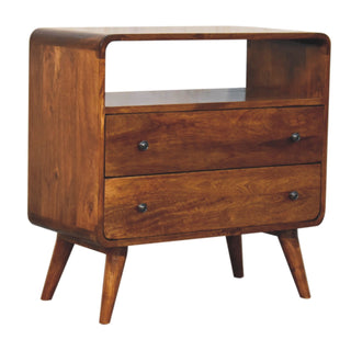 Side angle view of Cove Console Table with Storage Chestnut Curved Frame Open Shelf