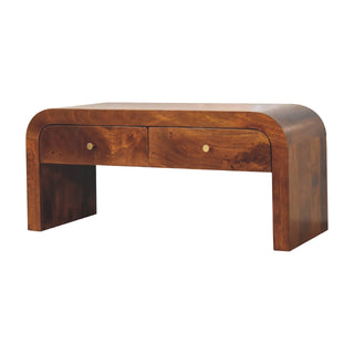 Side angle view of Cove Media Unit Chestnut Mango Wood Waterfall-Edge Wraparound Body Twin Drawers with Brass Knobs