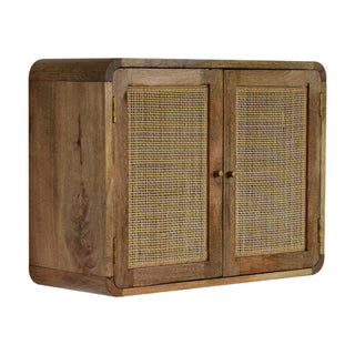 Side angle view of Cove Wall-Mounted Cabinet Rattan Cane Twin Doors Grey-Wash Floating