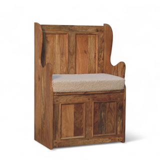 Angled view of Cream Bouclé Upholstered Small Storage Bench, showing the upholstered seat, legs and silhouette