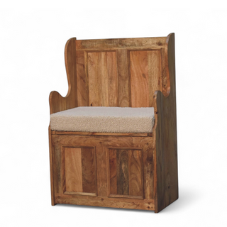 Side view of Cream Bouclé Upholstered Small Storage Bench, showing the upholstered seat, legs and silhouette