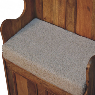 Leg detail view of Cream Bouclé Upholstered Small Storage Bench, showing the upholstered seat, legs and silhouette